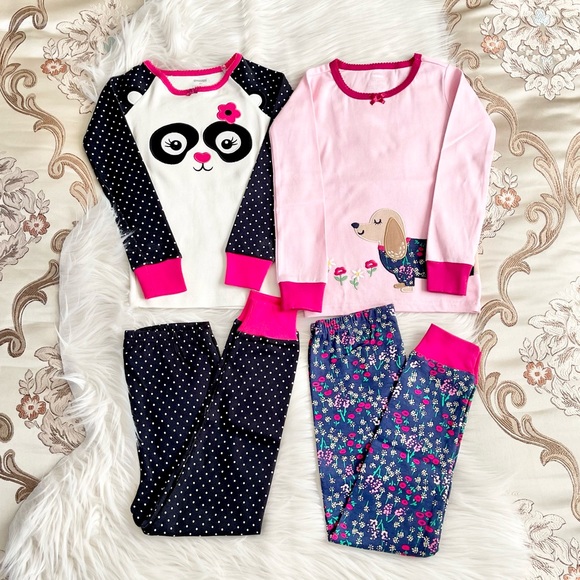 Gymboree Girls 2 Pajama Set Black/Pink Polka Dot Panda/Dog & Flowers NWT Size 4 - Picture 1 of 15